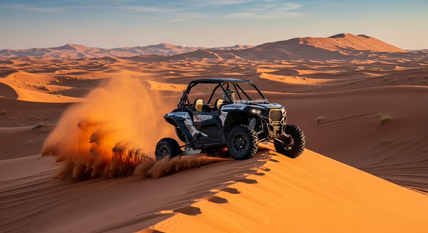 Dune buggy on Lahbab red dunes near Dubai at golden hour